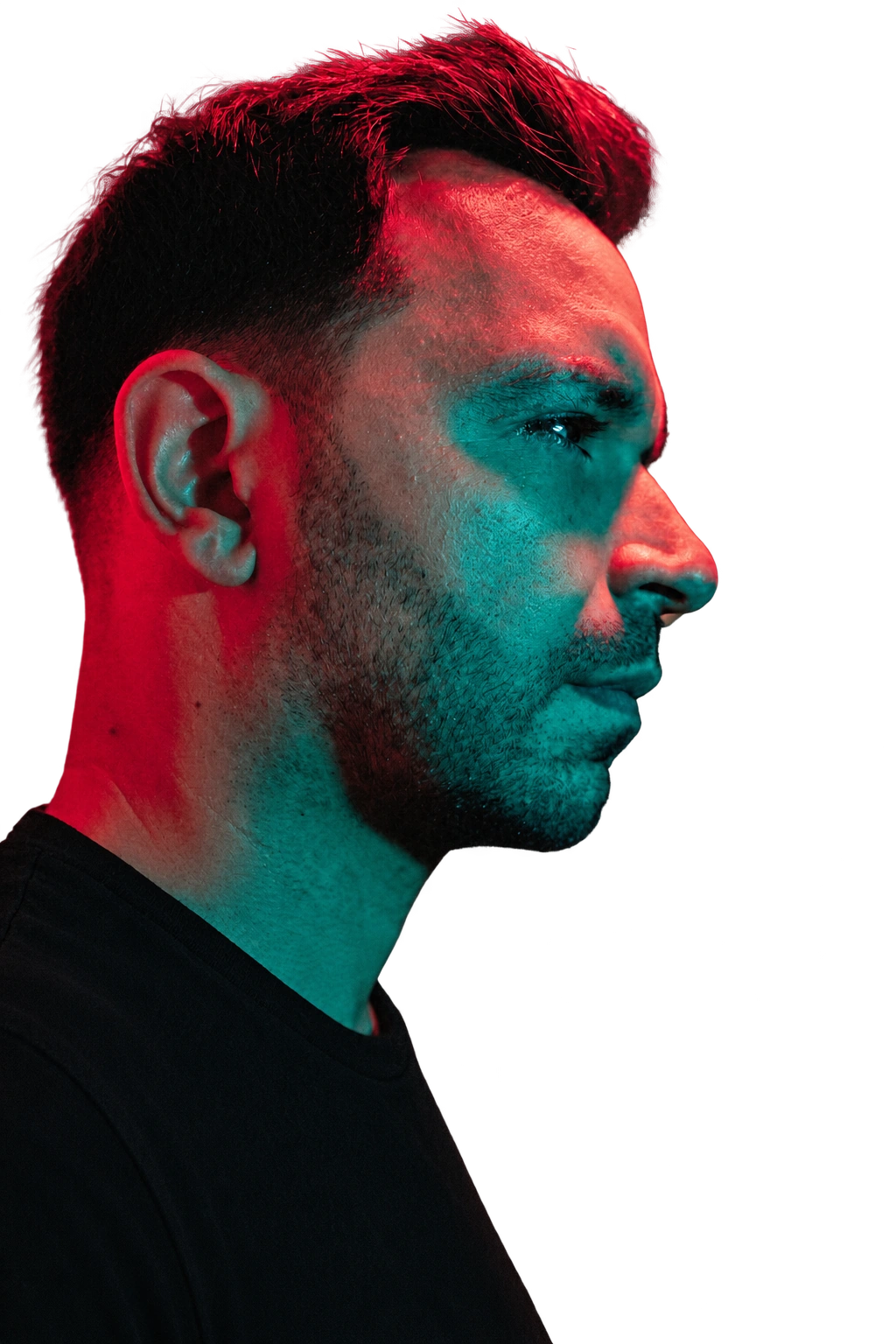 MEIDA profile portrait in red and teal light